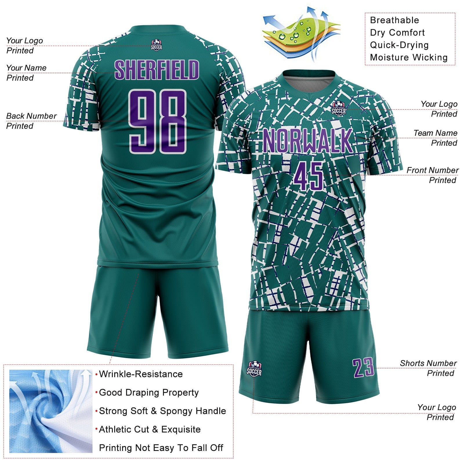 Custom Teal Purple-White Abstract Line Sports Sublimation Soccer Uniform Jersey view 4