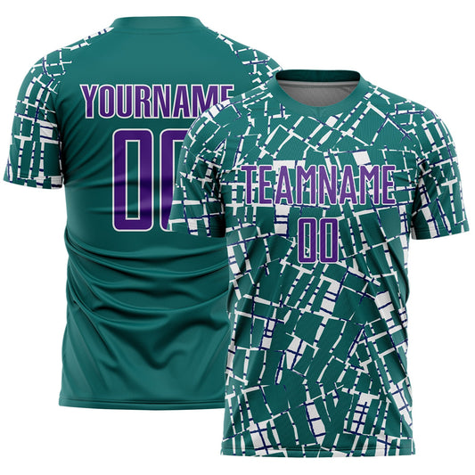Custom Teal Purple-White Abstract Line Sports Sublimation Soccer Uniform Jersey - Main View