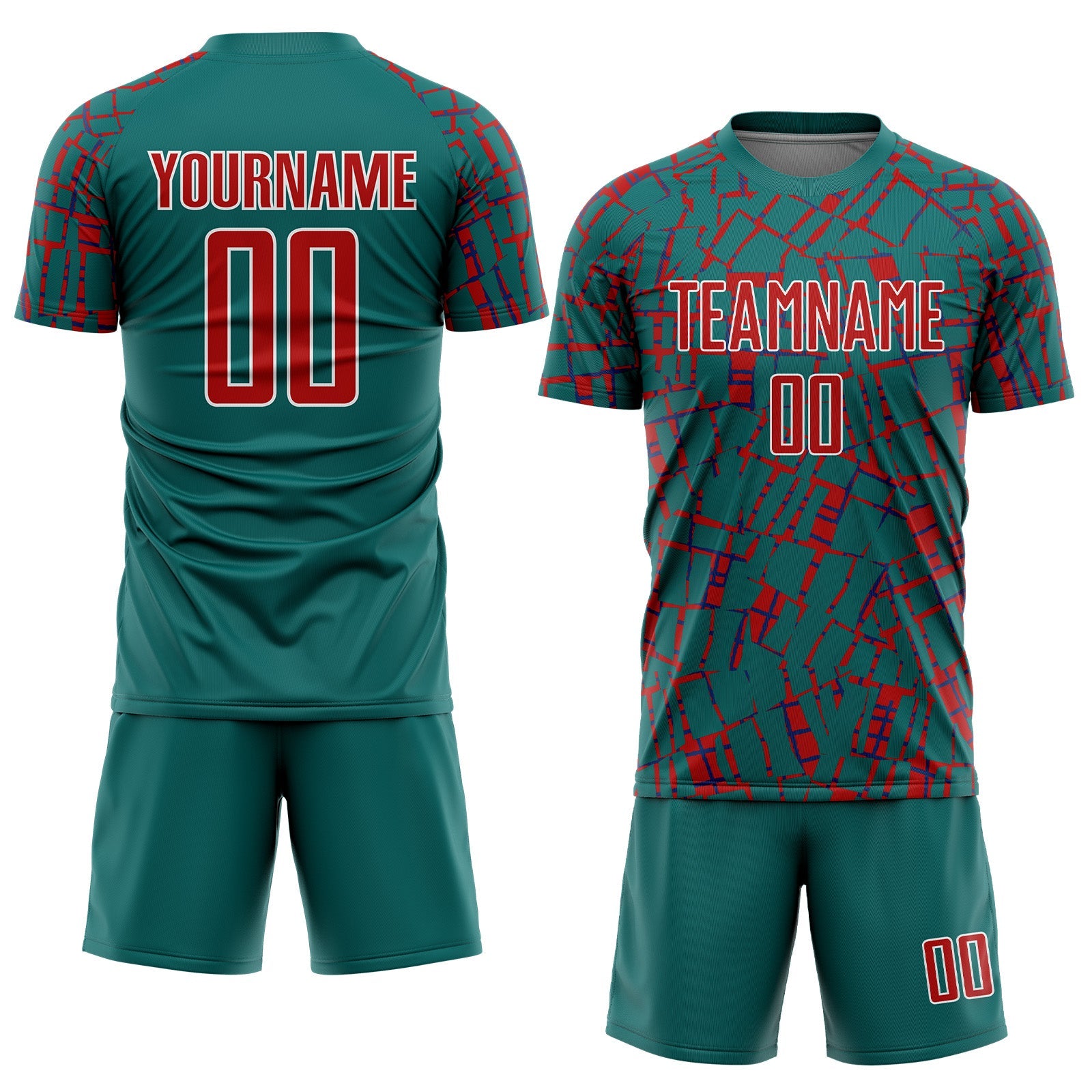 Custom Teal Red-White Abstract Line Sports Sublimation Soccer Uniform Jersey view 2