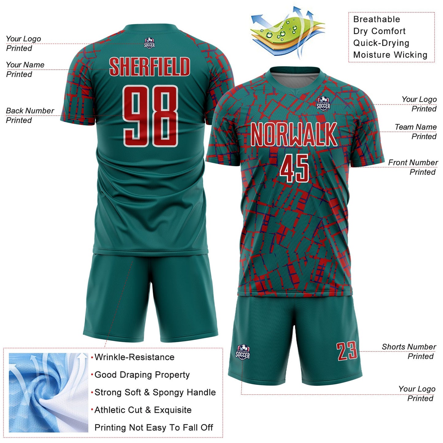 Custom Teal Red-White Abstract Line Sports Sublimation Soccer Uniform Jersey view 4