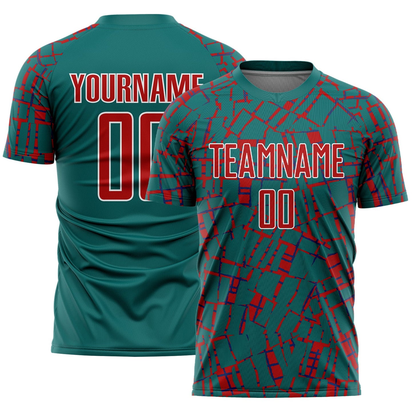 Custom Teal Red-White Abstract Line Sports Sublimation Soccer Uniform Jersey - Main View