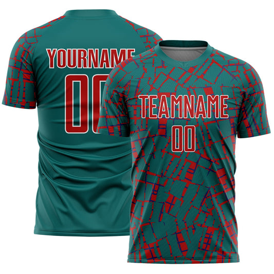Custom Teal Red-White Abstract Line Sports Sublimation Soccer Uniform Jersey - Main View