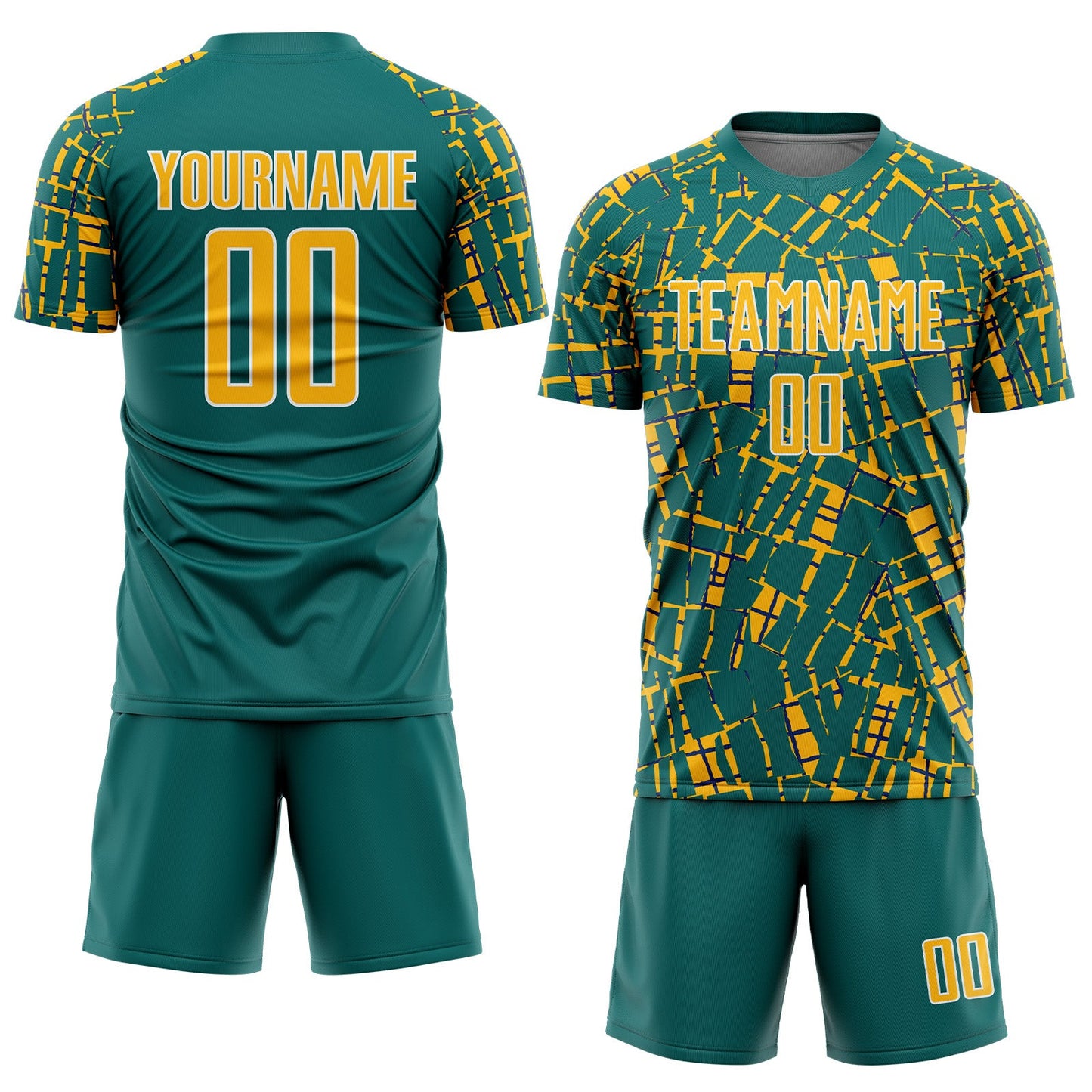 Custom Teal Gold-White Abstract Line Sports Sublimation Soccer Uniform Jersey view 2