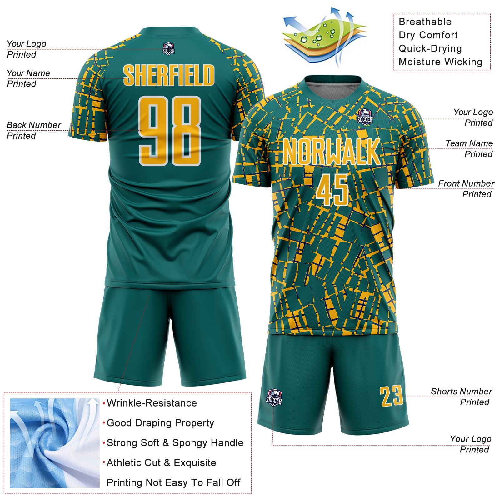 Custom Teal Gold-White Abstract Line Sports Sublimation Soccer Uniform Jersey view 4