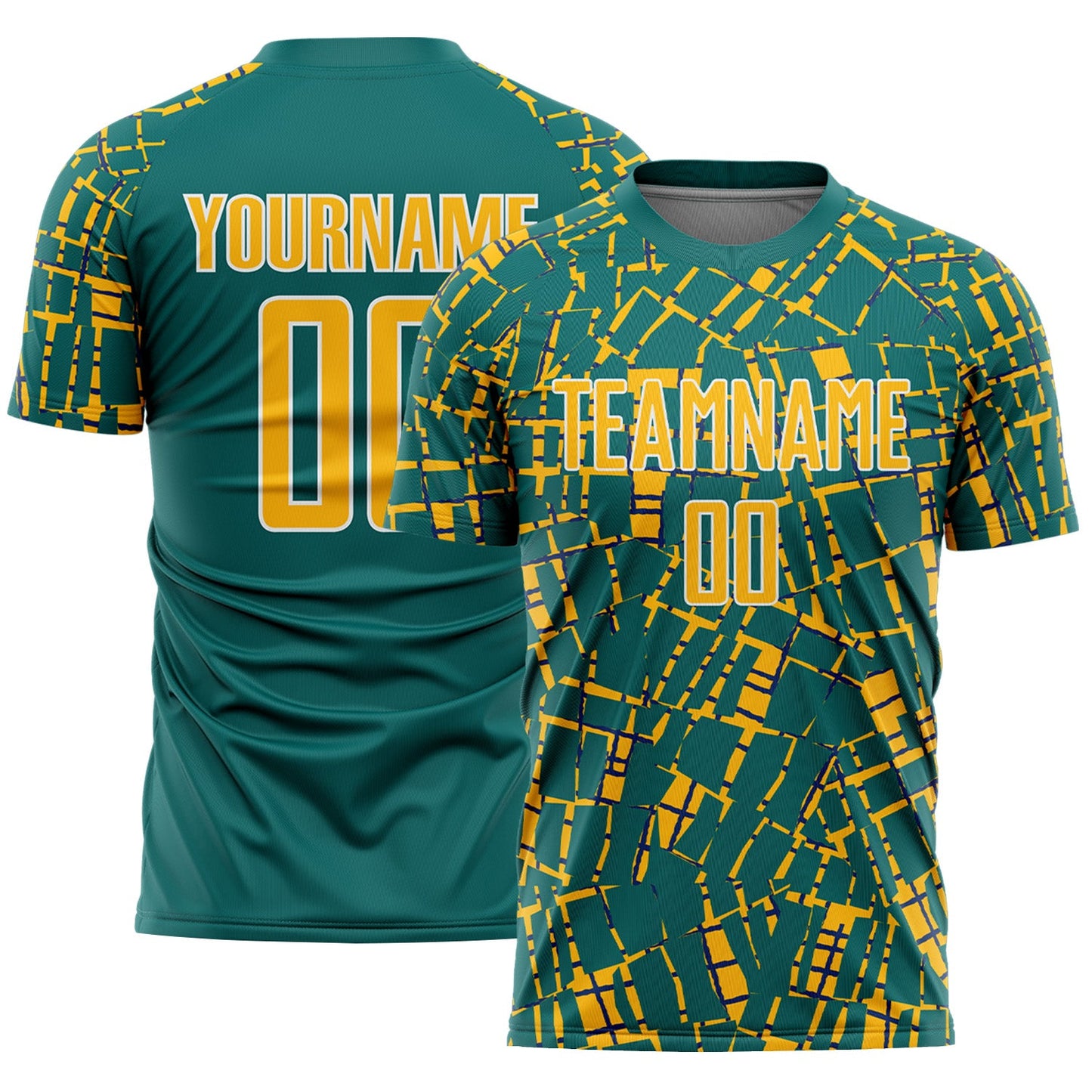 Custom Teal Gold-White Abstract Line Sports Sublimation Soccer Uniform Jersey - Main View