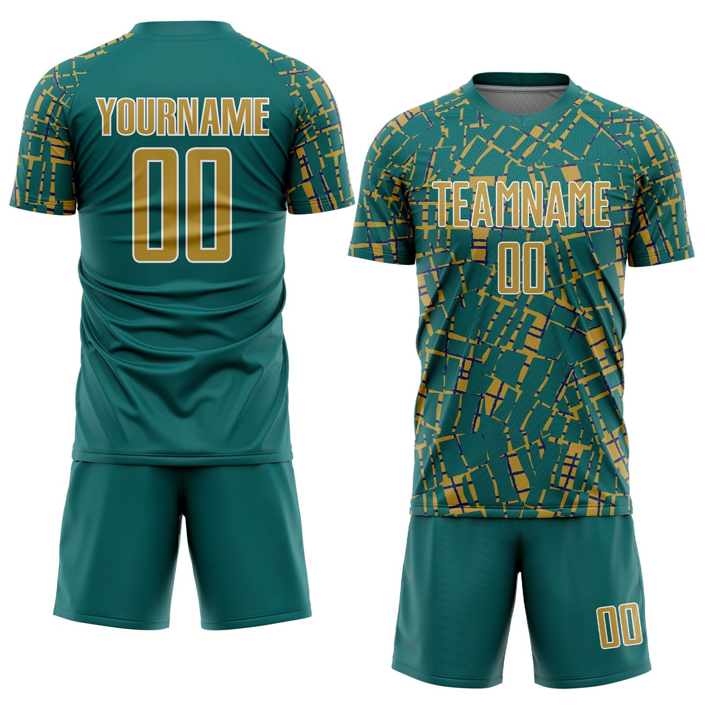 Custom Teal Old Gold-White Abstract Line Sports Sublimation Soccer Uniform Jersey view 2