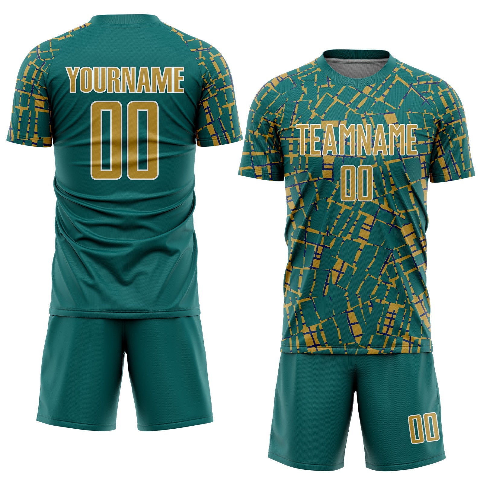 Custom Teal Old Gold-White Abstract Line Sports Sublimation Soccer Uniform Jersey view 2