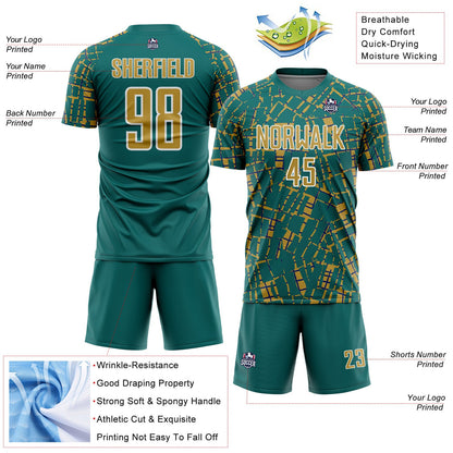 Custom Teal Old Gold-White Abstract Line Sports Sublimation Soccer Uniform Jersey view 4