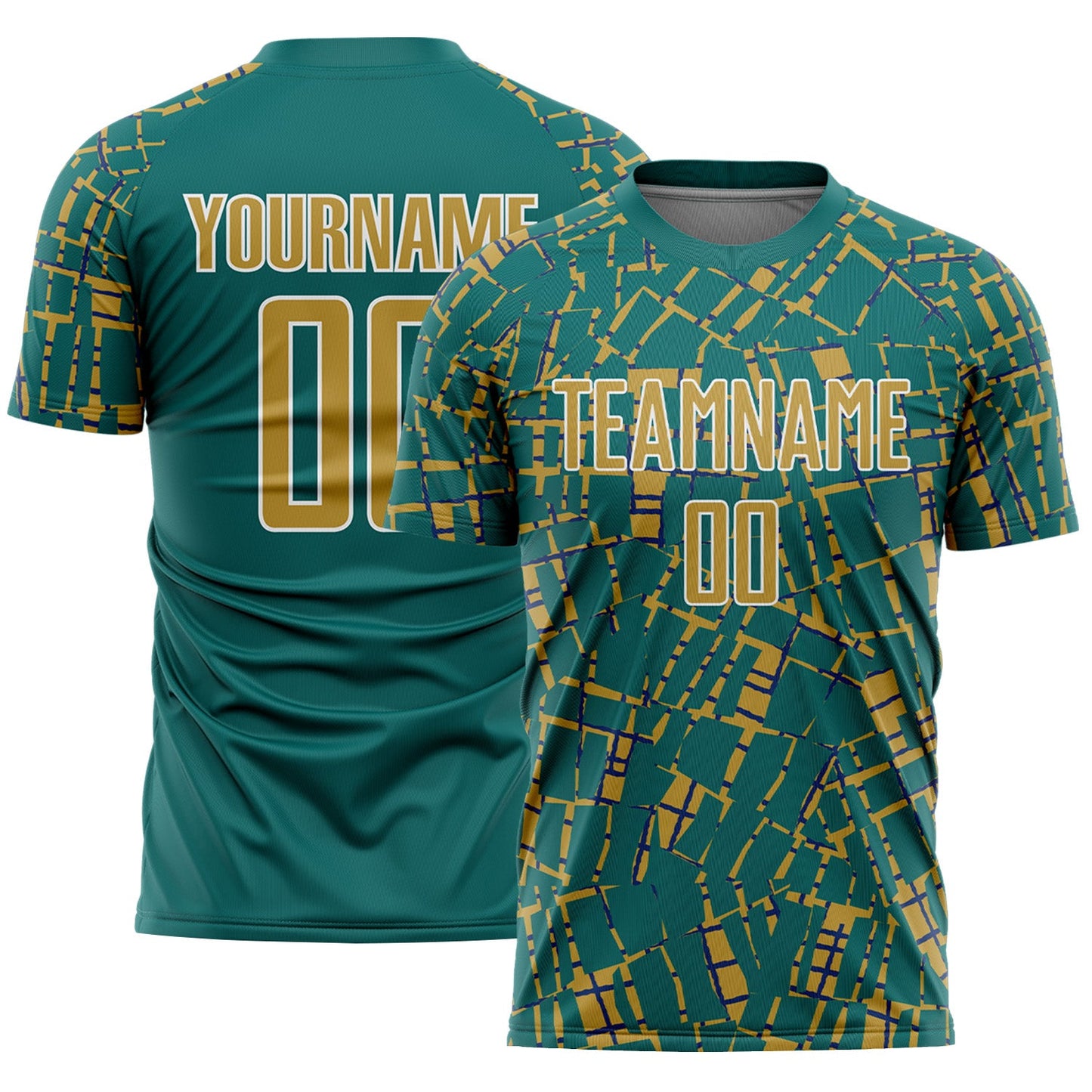 Custom Teal Old Gold-White Abstract Line Sports Sublimation Soccer Uniform Jersey - Main View