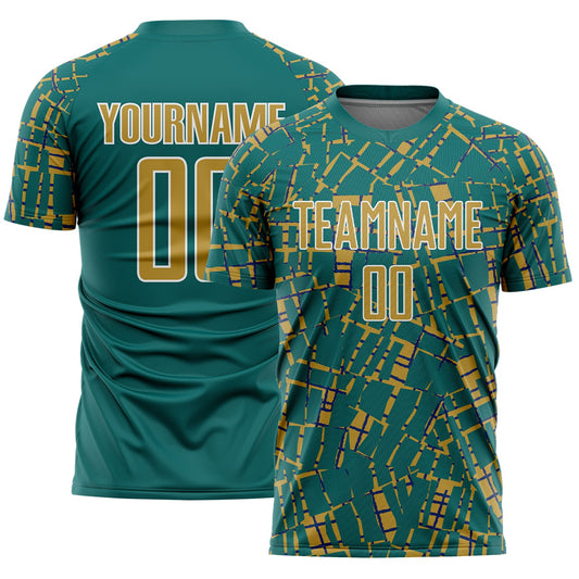 Custom Teal Old Gold-White Abstract Line Sports Sublimation Soccer Uniform Jersey - Main View