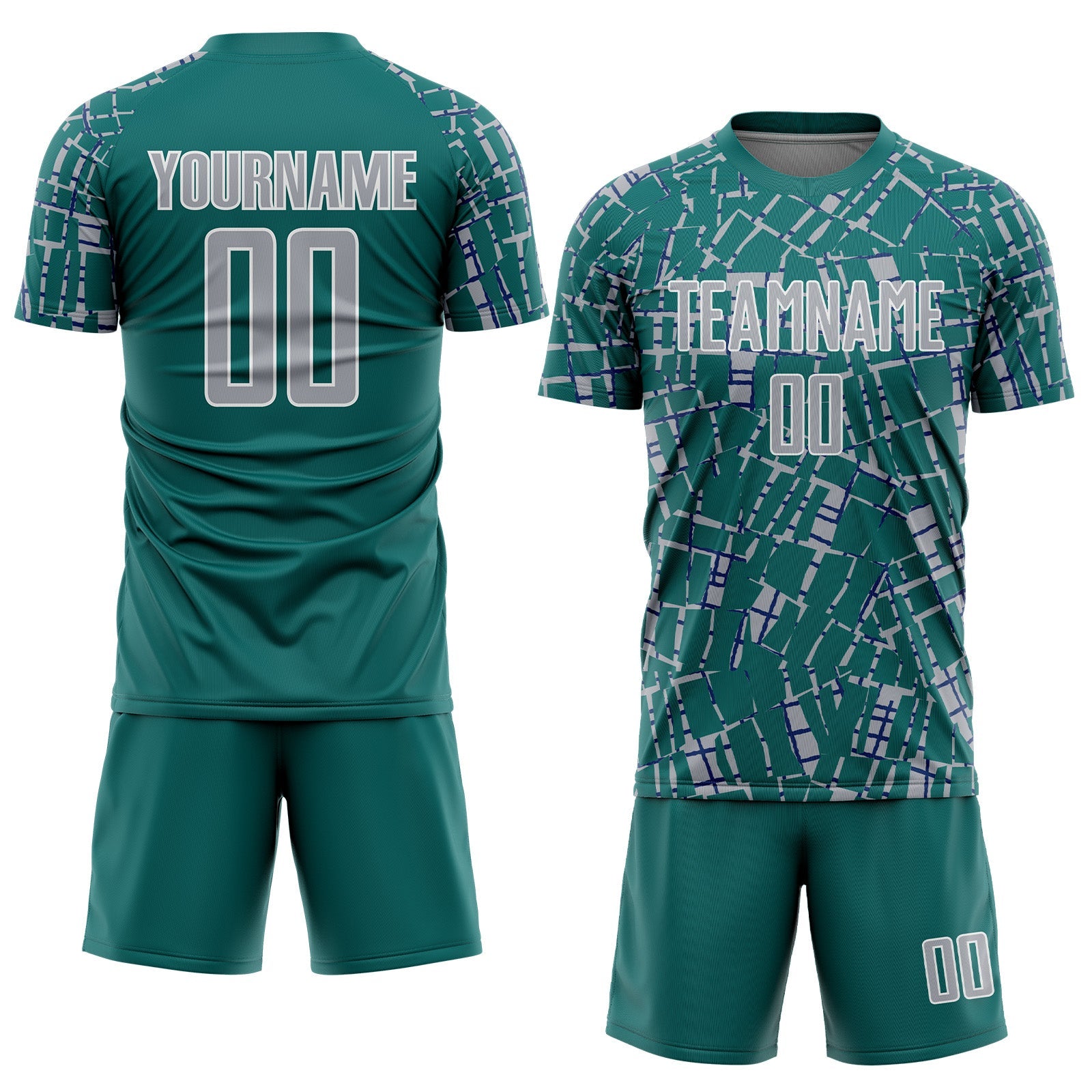 Custom Teal Gray-White Abstract Line Sports Sublimation Soccer Uniform Jersey view 2