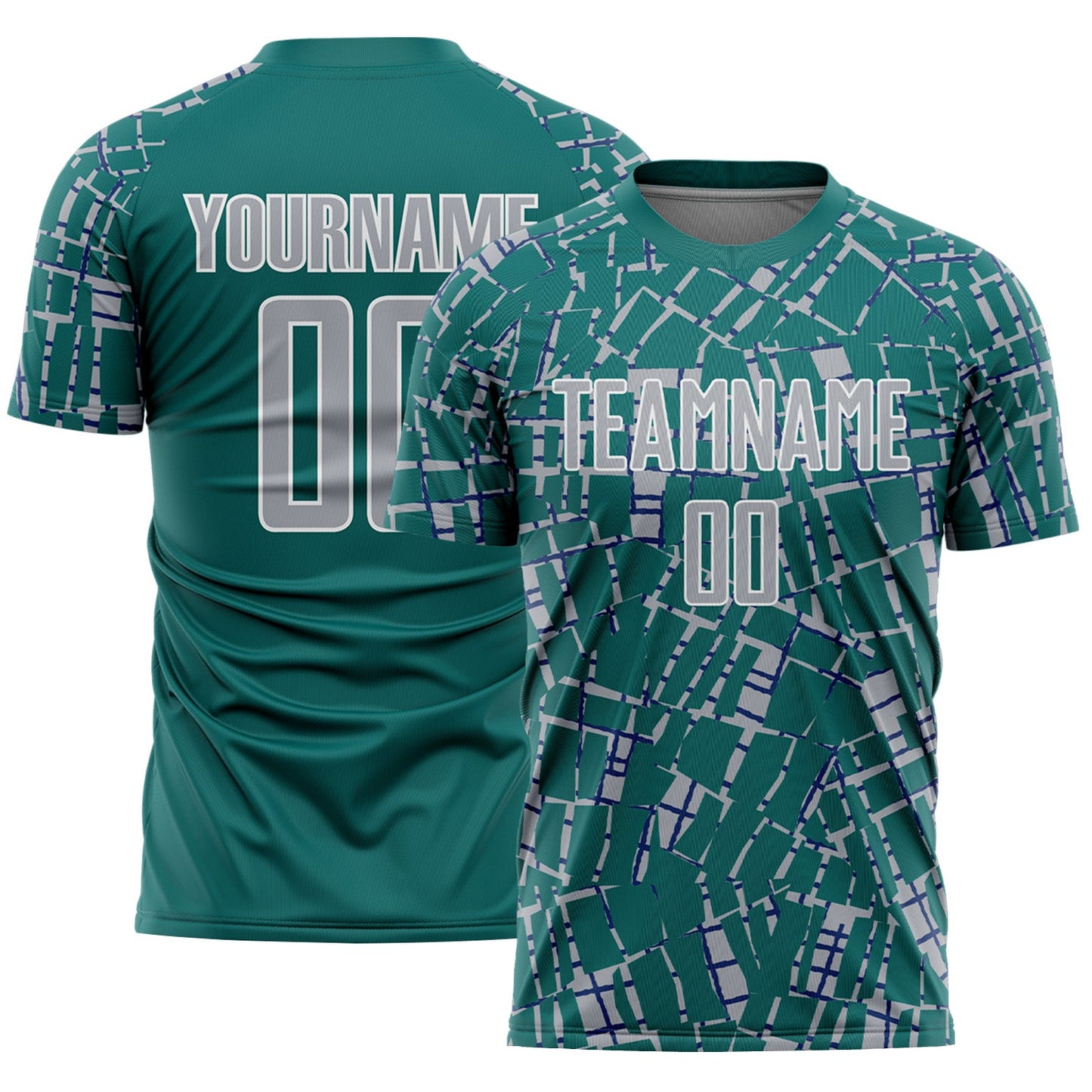 Custom Teal Gray-White Abstract Line Sports Sublimation Soccer Uniform Jersey - Main View