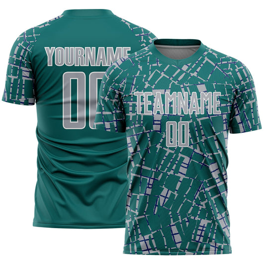 Custom Teal Gray-White Abstract Line Sports Sublimation Soccer Uniform Jersey - Main View