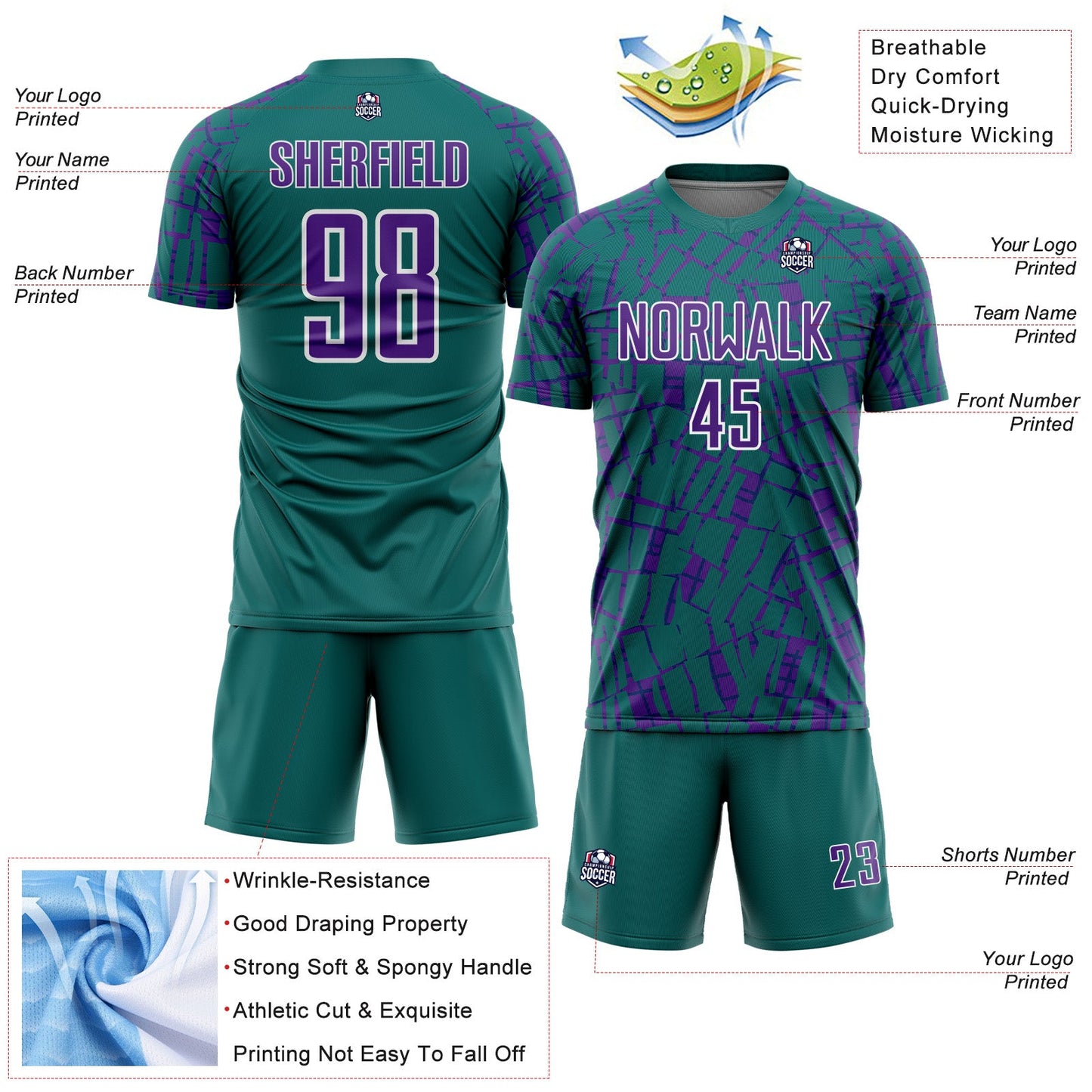 Custom Teal Purple-White Abstract Line Sports Sublimation Soccer Uniform Jersey view 4