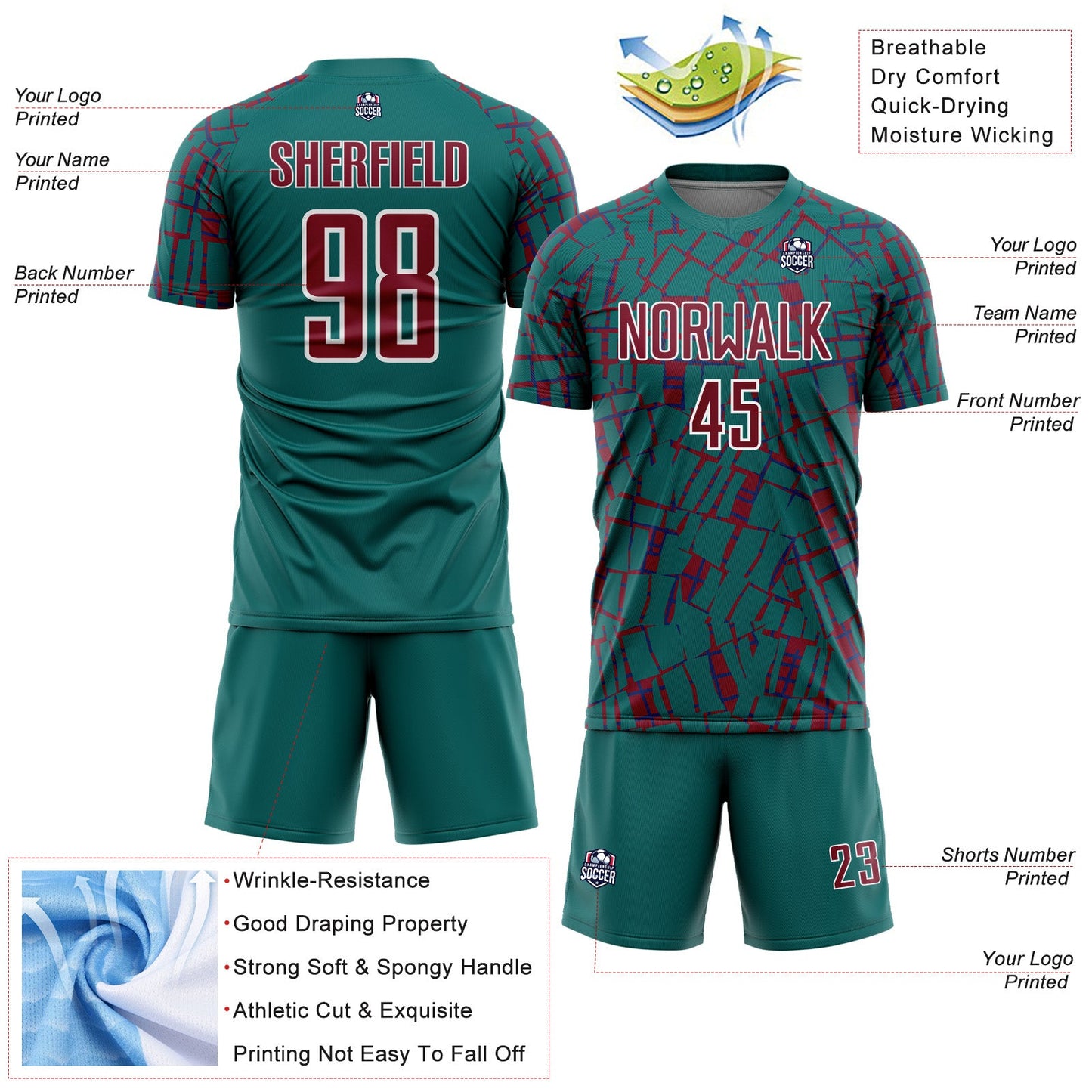 Custom Teal Crimson-White Abstract Line Sports Sublimation Soccer Uniform Jersey view 4