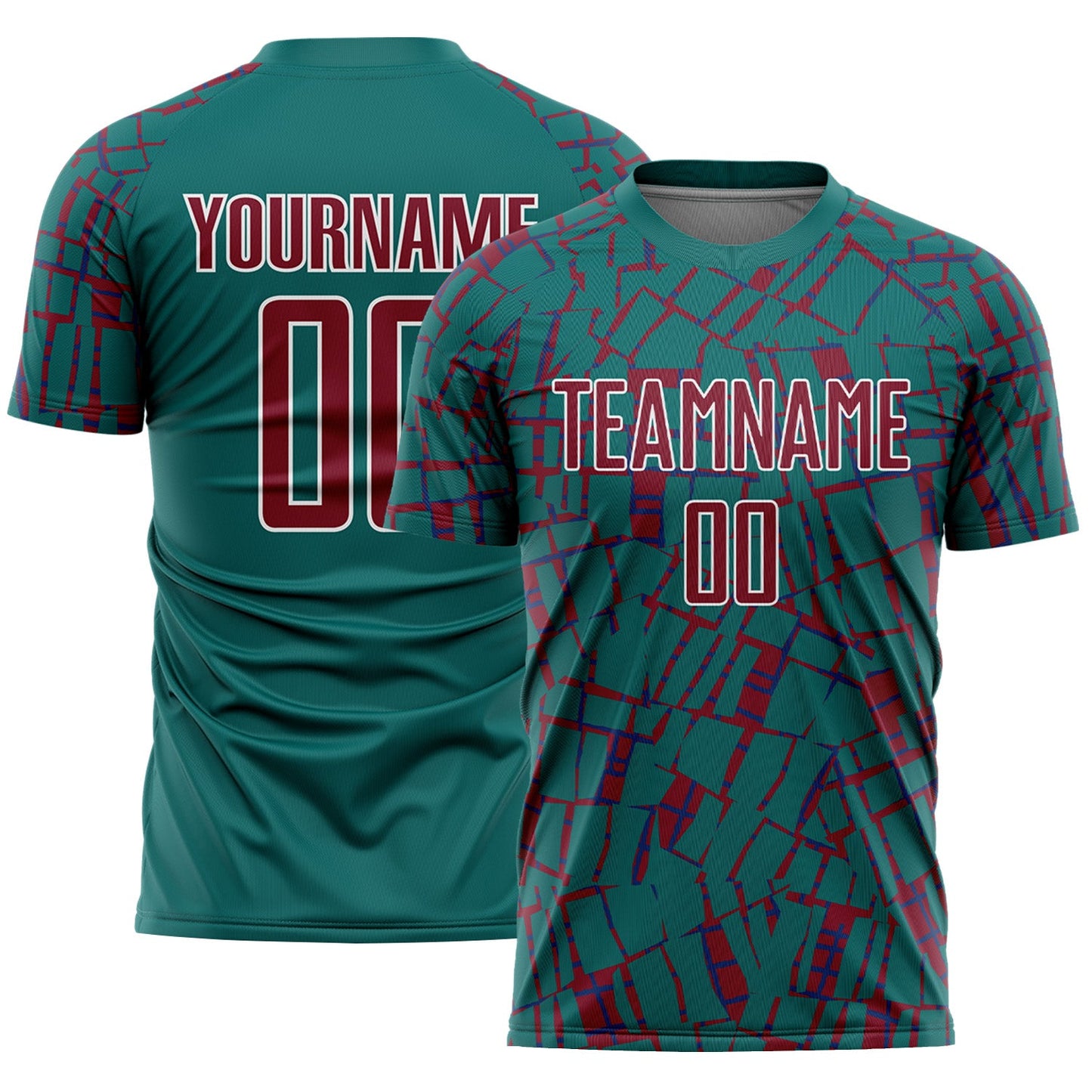 Custom Teal Crimson-White Abstract Line Sports Sublimation Soccer Uniform Jersey - Main View