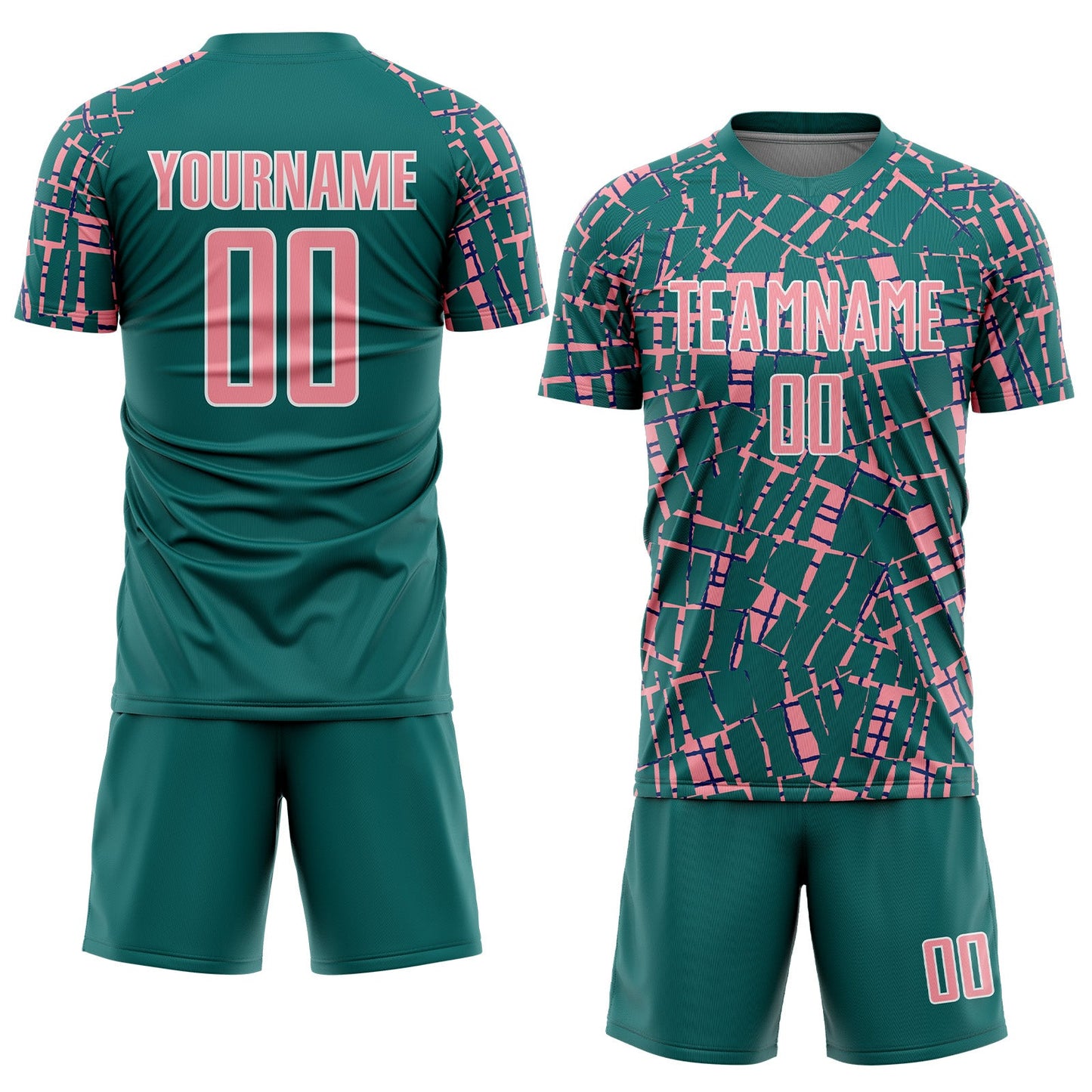 Custom Teal Medium Pink-White Abstract Line Sports Sublimation Soccer Uniform Jersey view 2