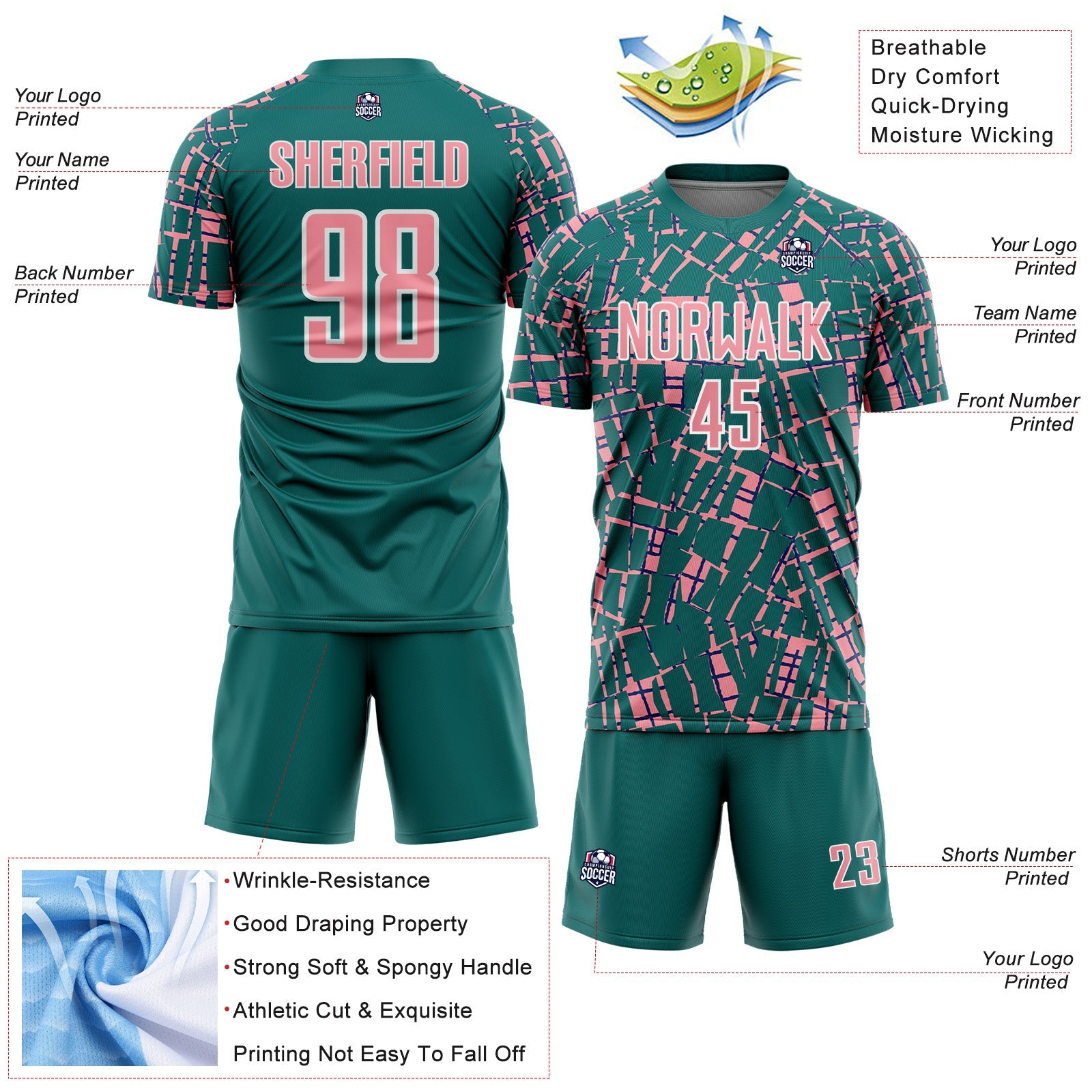 Custom Teal Medium Pink-White Abstract Line Sports Sublimation Soccer Uniform Jersey view 4