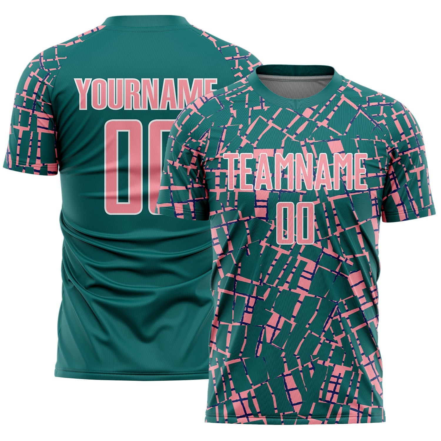 Custom Teal Medium Pink-White Abstract Line Sports Sublimation Soccer Uniform Jersey - Main View