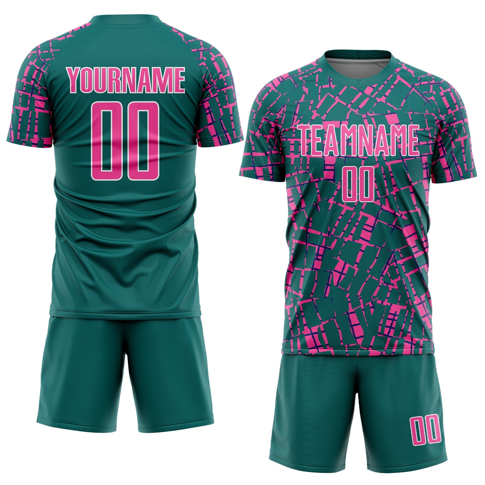Custom Teal Pink-White Abstract Line Sports Sublimation Soccer Uniform Jersey view 2