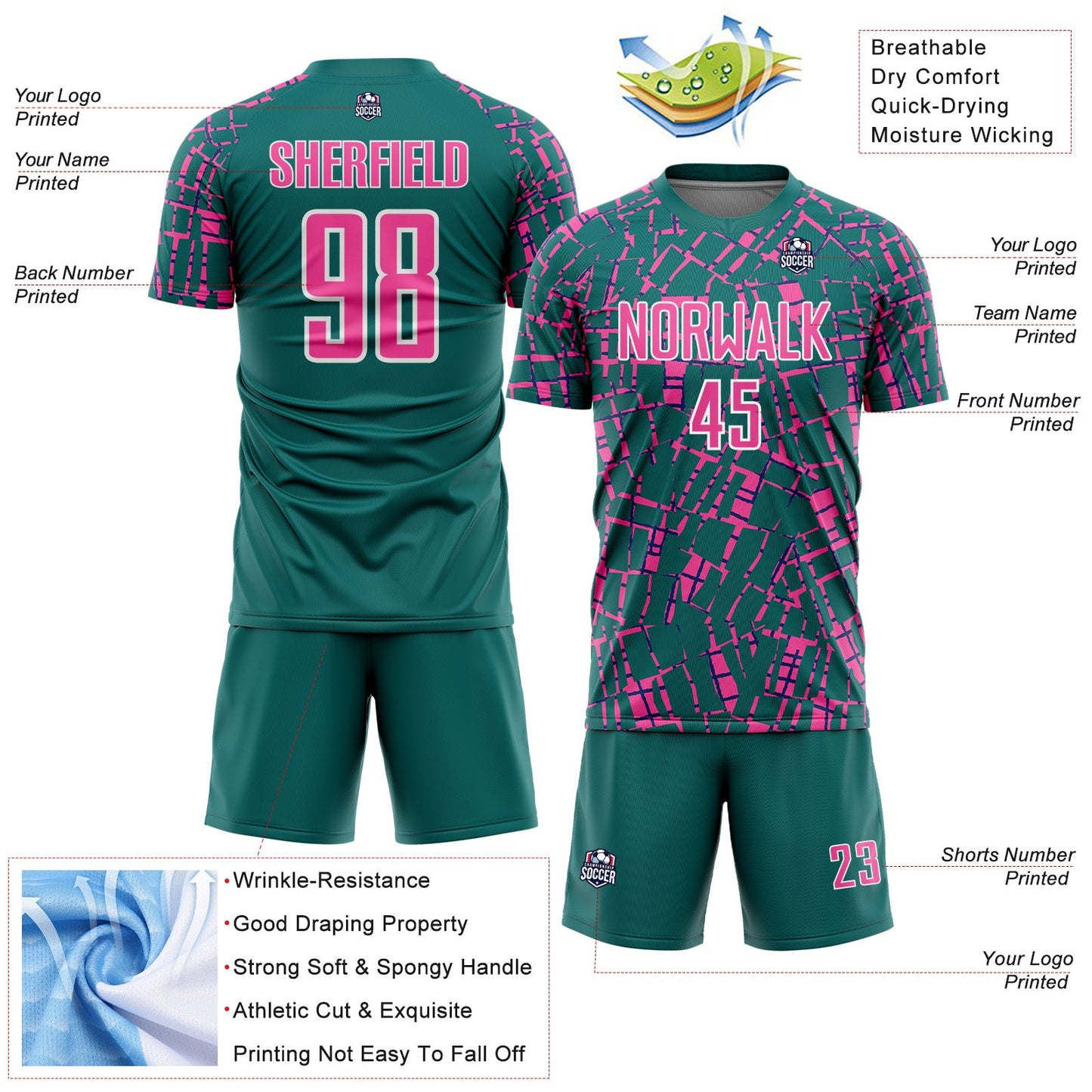 Custom Teal Pink-White Abstract Line Sports Sublimation Soccer Uniform Jersey view 4