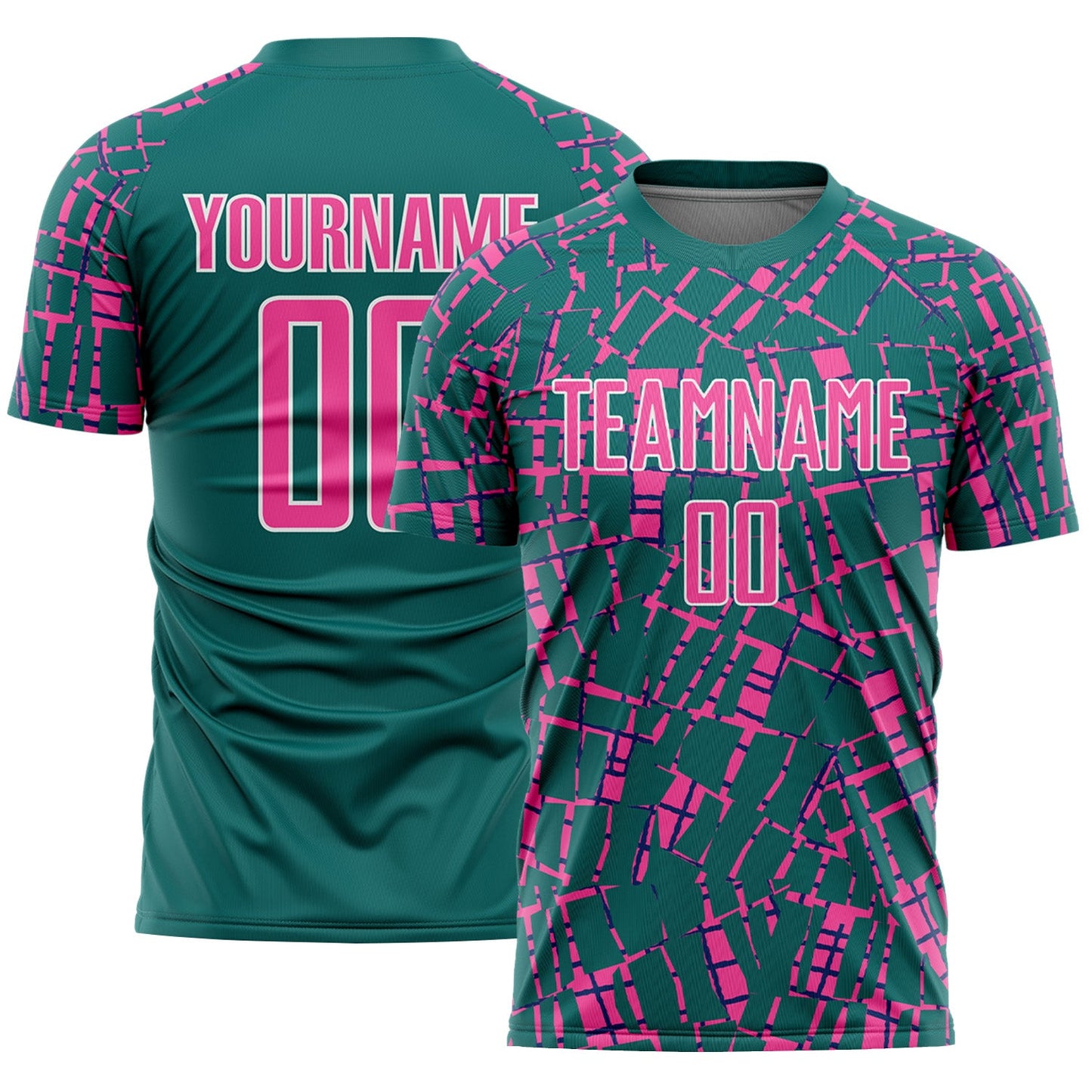 Custom Teal Pink-White Abstract Line Sports Sublimation Soccer Uniform Jersey - Main View