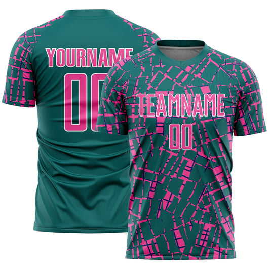 Custom Teal Pink-White Abstract Line Sports Sublimation Soccer Uniform Jersey - Main View