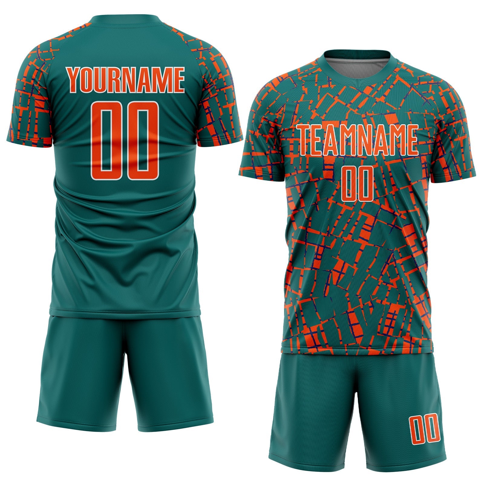 Custom Teal Orange-White Abstract Line Sports Sublimation Soccer Uniform Jersey view 2