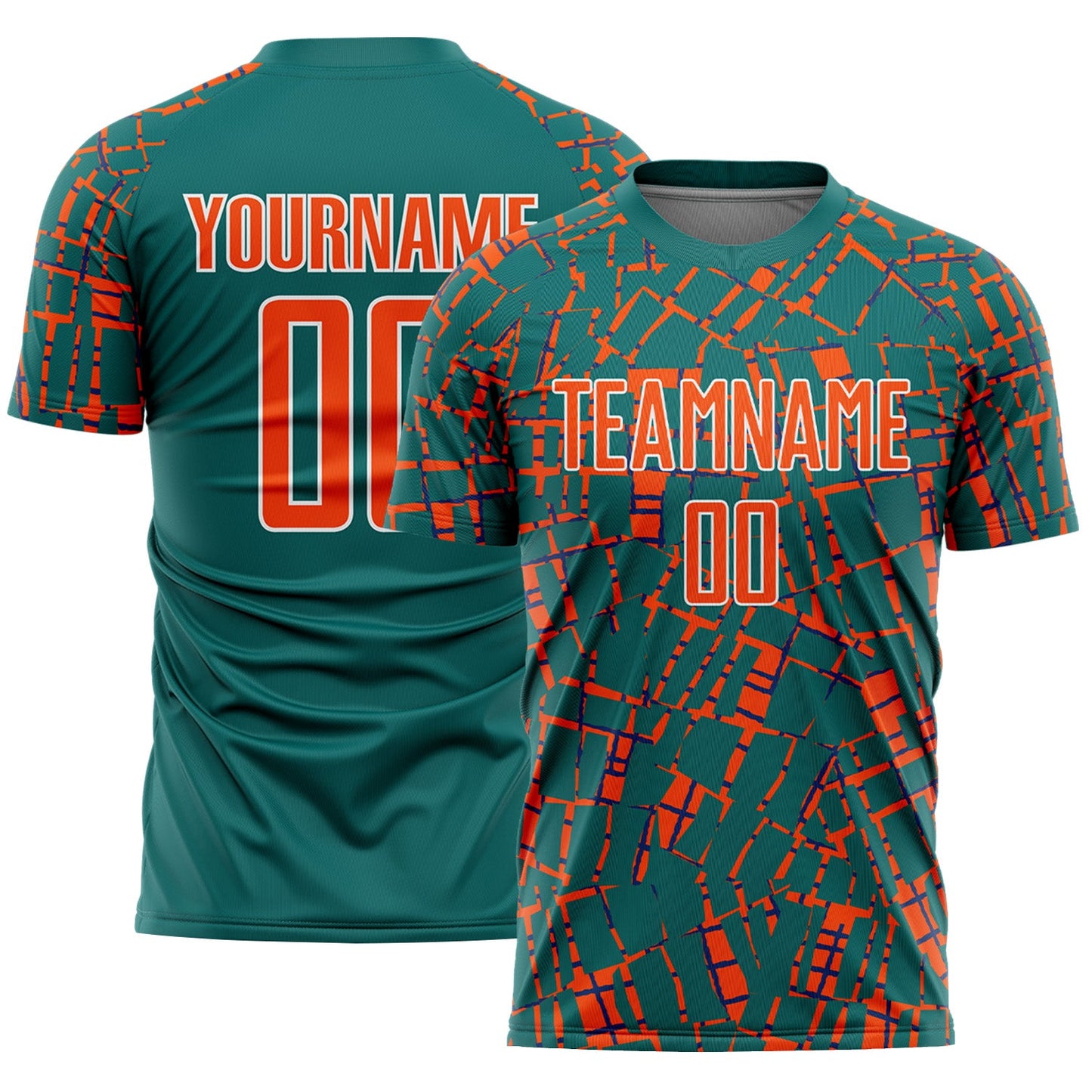 Custom Teal Orange-White Abstract Line Sports Sublimation Soccer Uniform Jersey - Main View