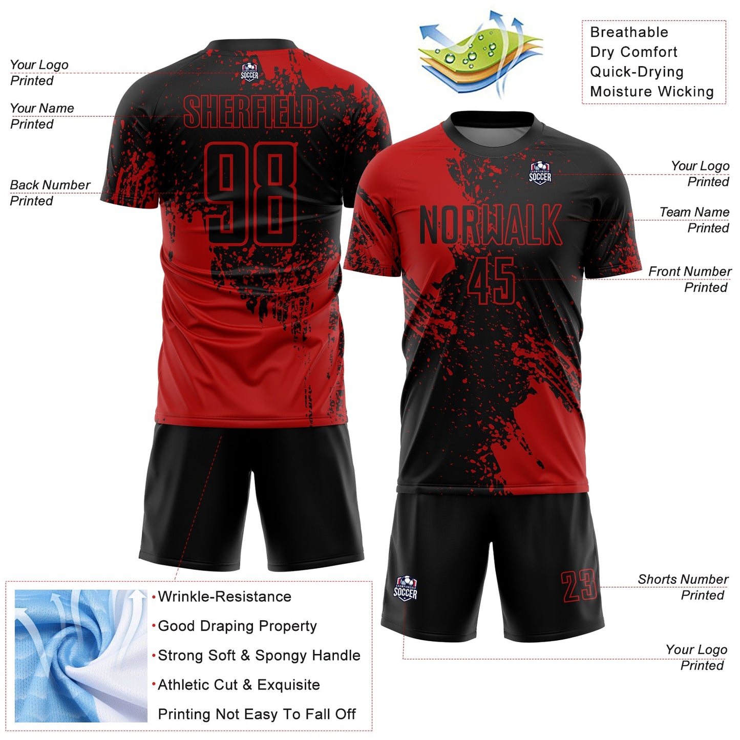 Custom Black Red Abstract Brush Stroke Sports Sublimation Soccer Uniform Jersey view 4