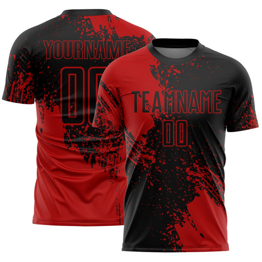 Custom Black Red Abstract Brush Stroke Sports Sublimation Soccer Uniform Jersey - Main View