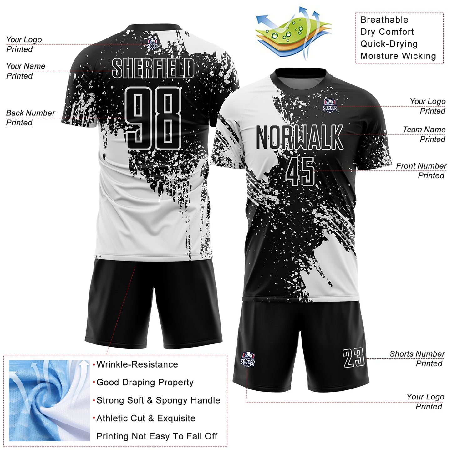 Custom Black White Abstract Brush Stroke Sports Sublimation Soccer Uniform Jersey view 4