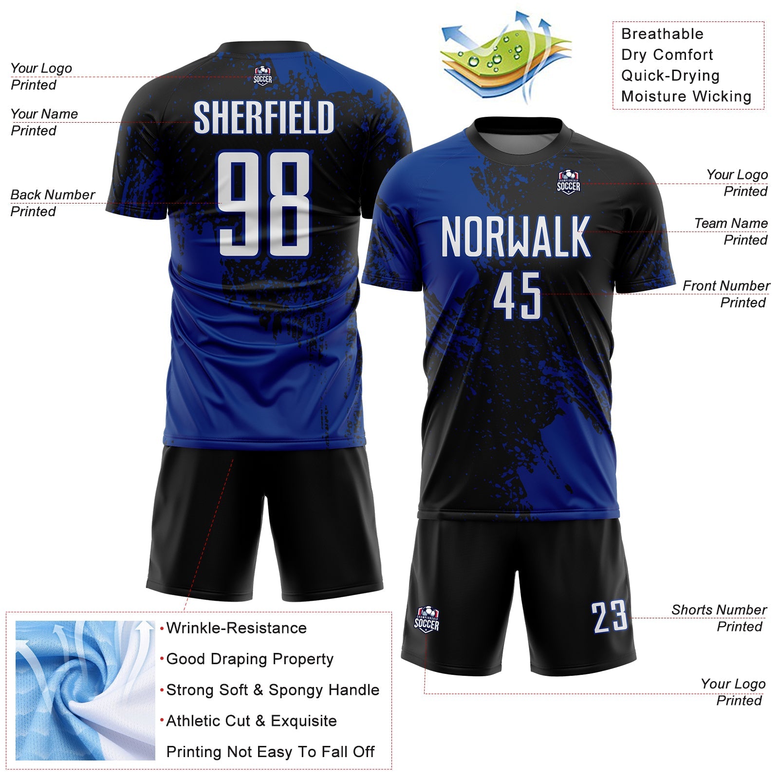 Custom Black White-Royal Abstract Brush Stroke Sports Sublimation Soccer Uniform Jersey view 4