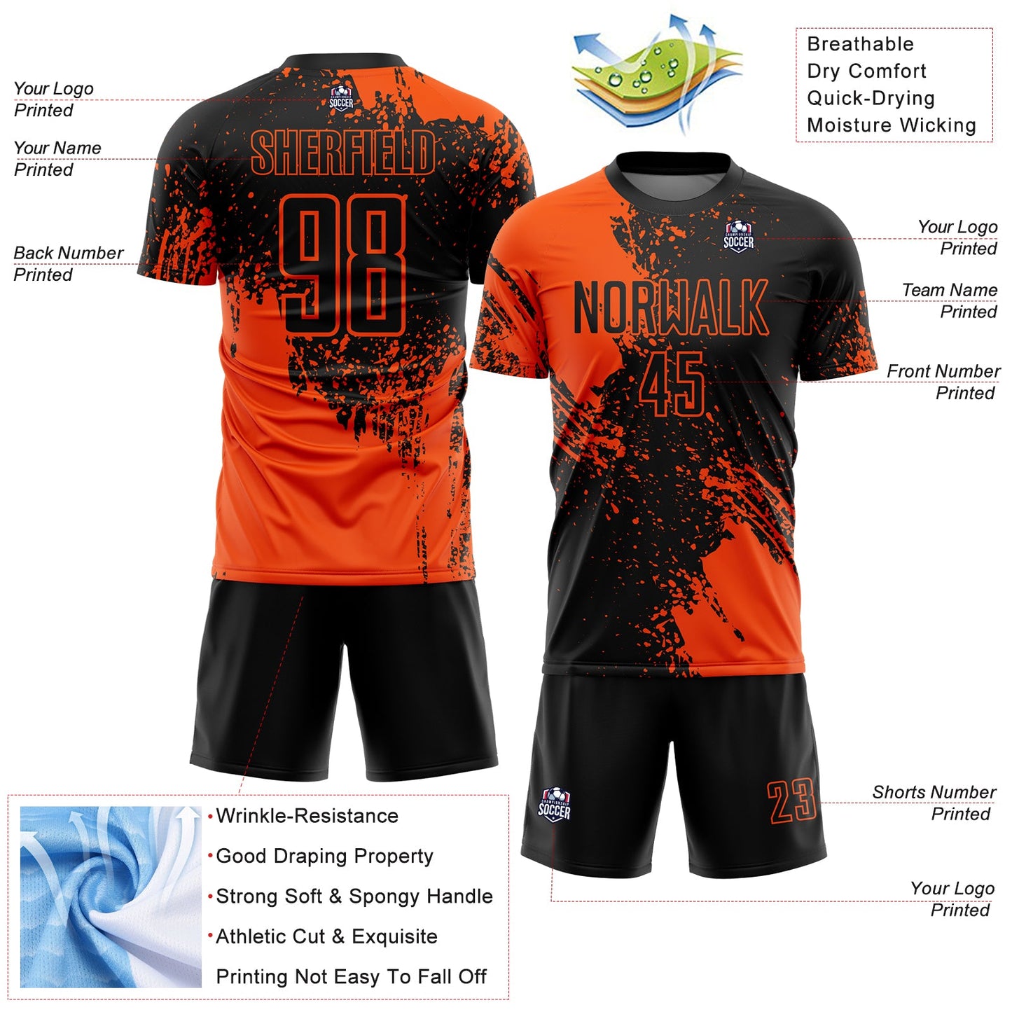 Custom Black Orange Abstract Brush Stroke Sports Sublimation Soccer Uniform Jersey view 4