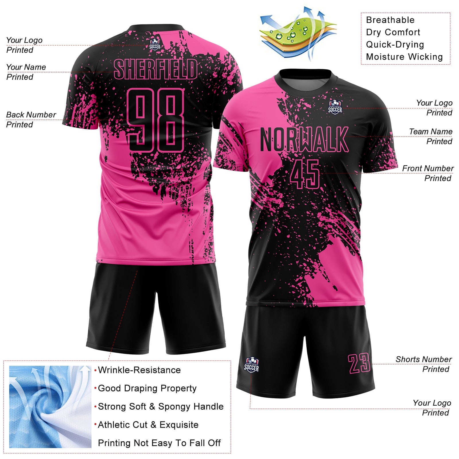 Custom Black Pink Abstract Brush Stroke Sports Sublimation Soccer Uniform Jersey view 4