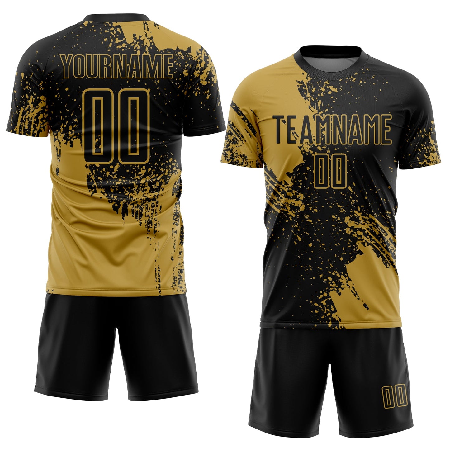 Custom Black Old Gold Abstract Brush Stroke Sports Sublimation Soccer Uniform Jersey view 2