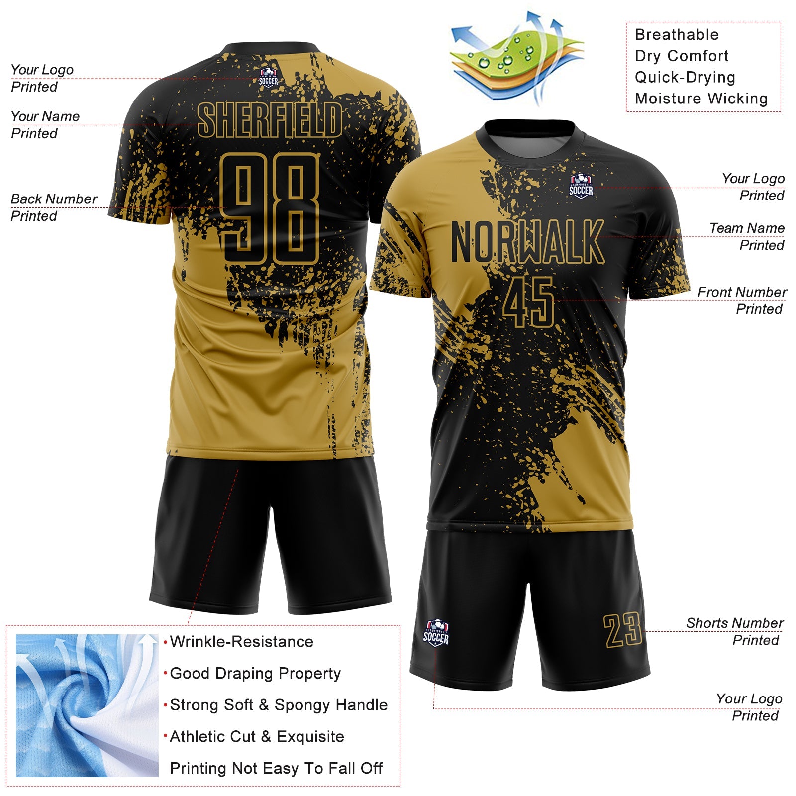 Custom Black Old Gold Abstract Brush Stroke Sports Sublimation Soccer Uniform Jersey view 4