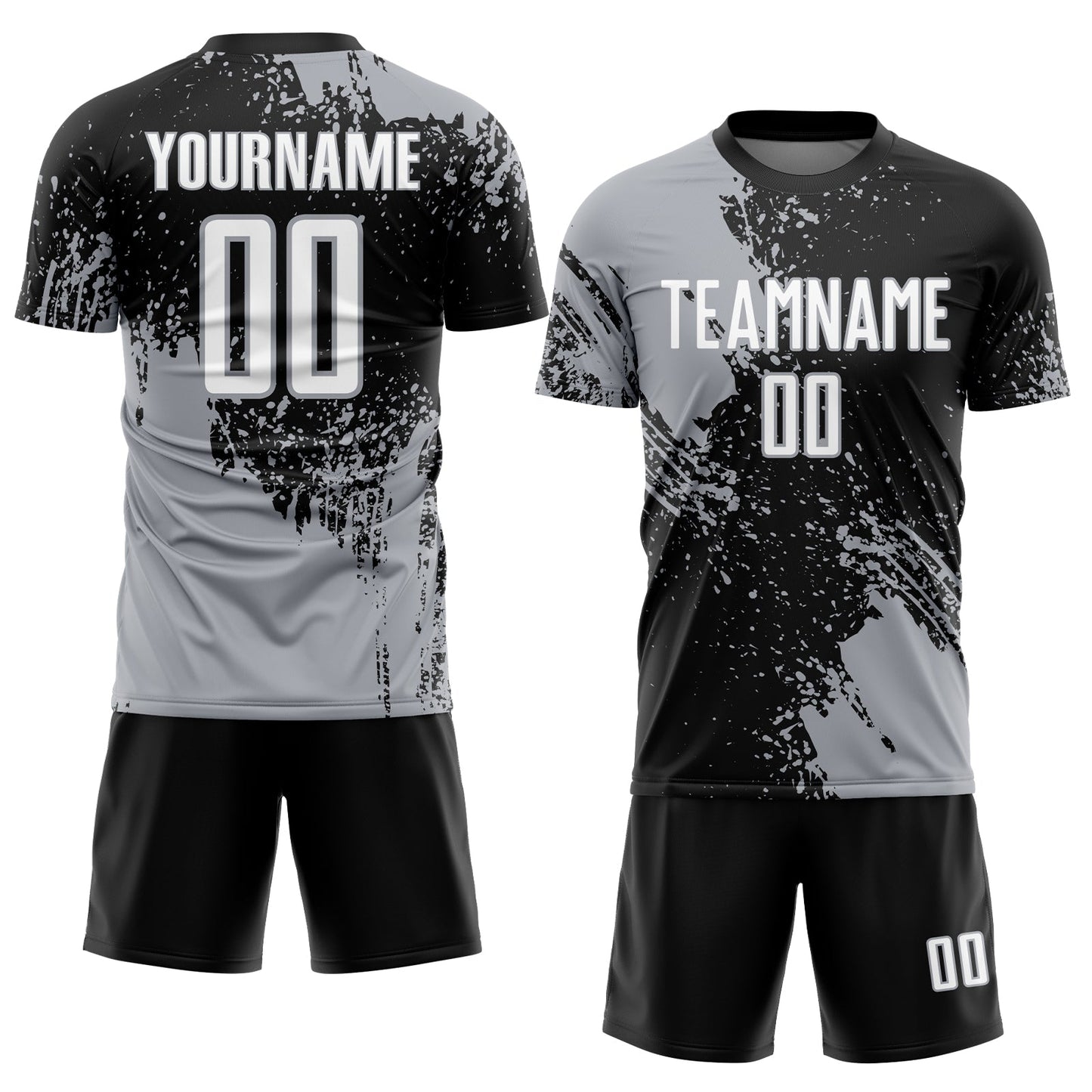 Custom Black White-Gray Abstract Brush Stroke Sports Sublimation Soccer Uniform Jersey view 2