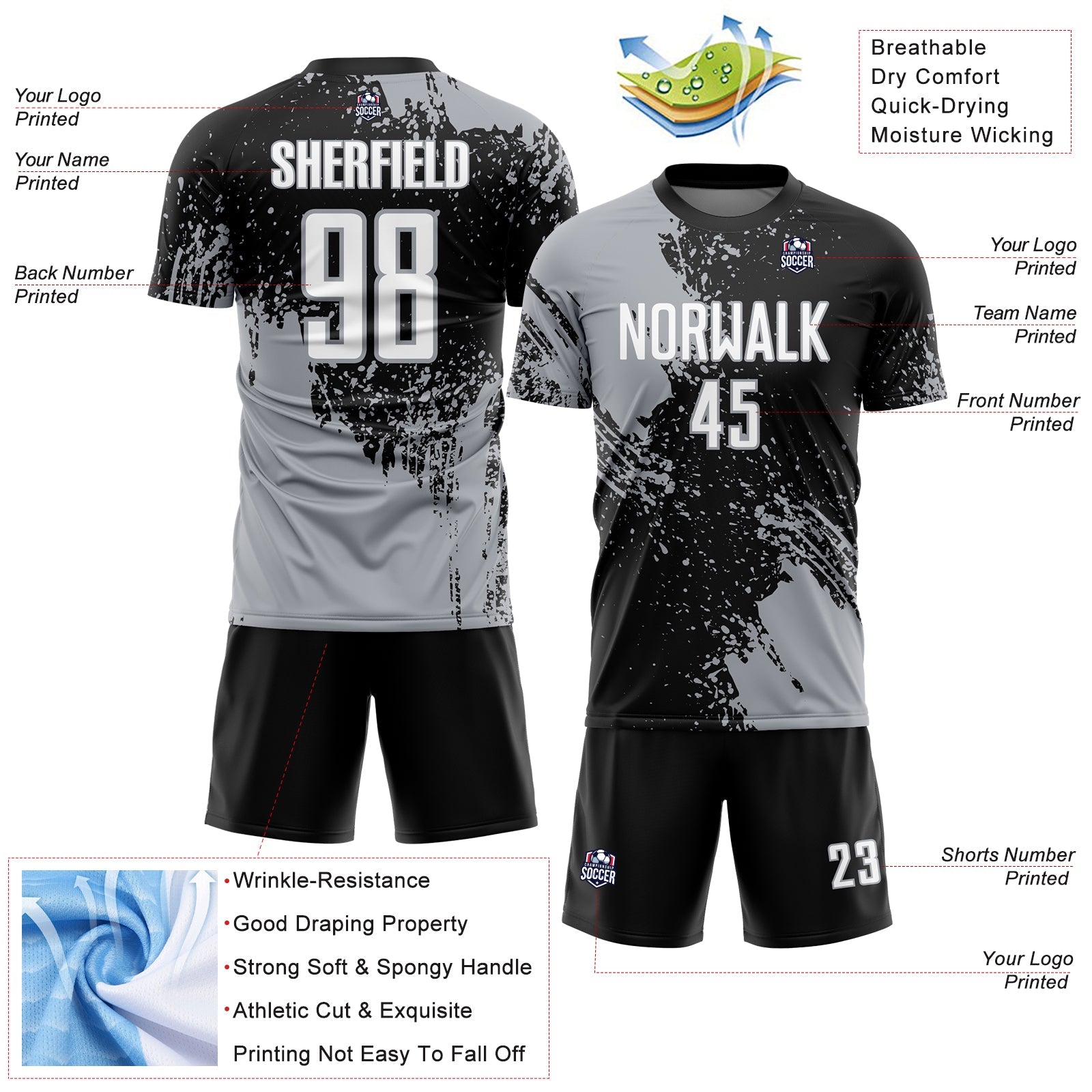 Custom Black White-Gray Abstract Brush Stroke Sports Sublimation Soccer Uniform Jersey view 4