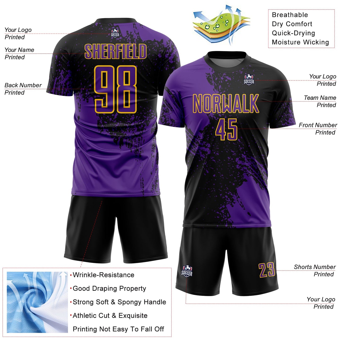 Custom Black Purple-Yellow Abstract Brush Stroke Sports Sublimation Soccer Uniform Jersey view 4