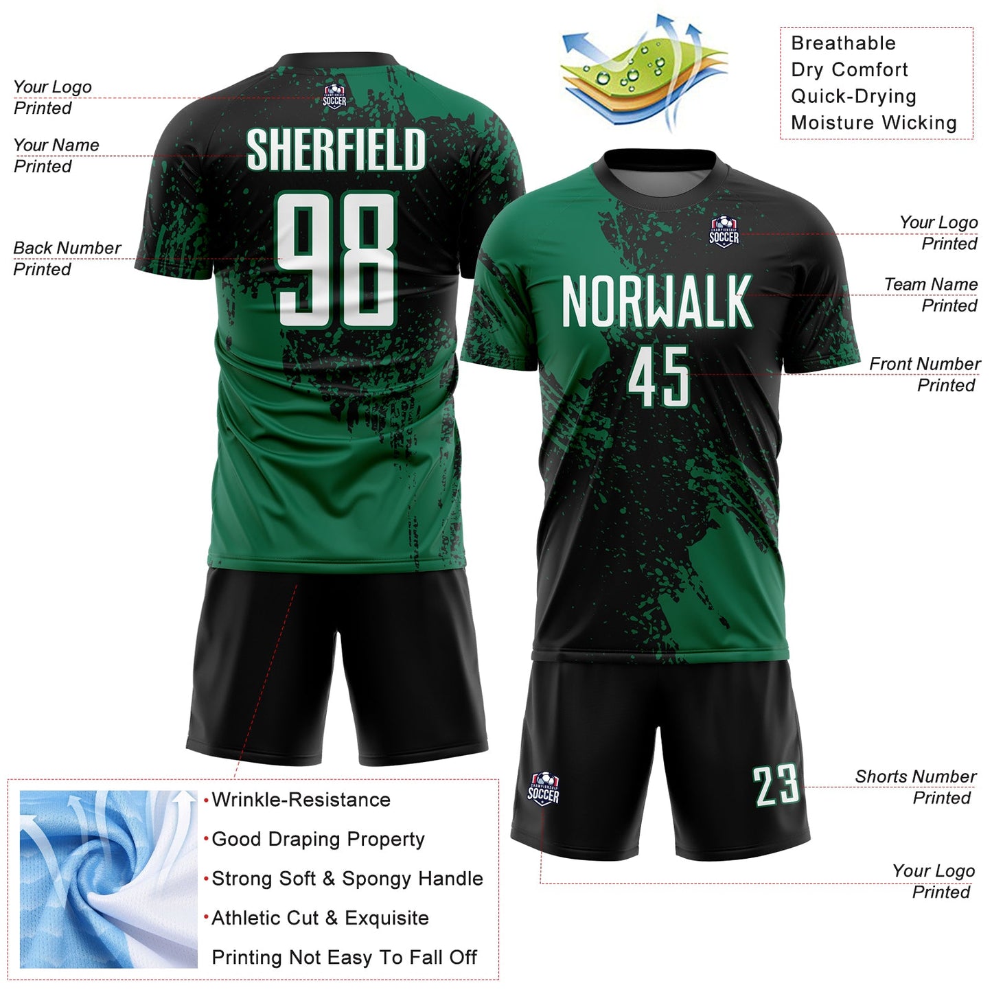 Custom Black White-Kelly Green Abstract Brush Stroke Sports Sublimation Soccer Uniform Jersey view 4