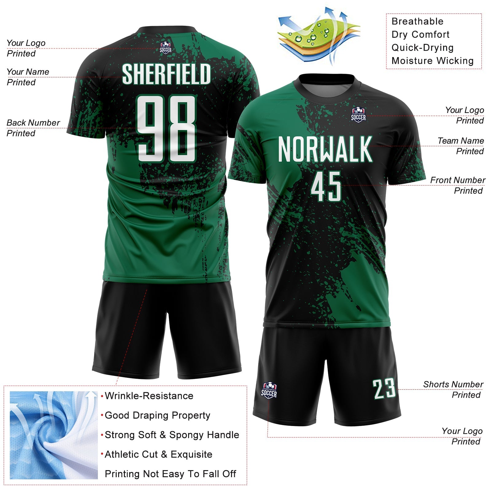 Custom Black White-Kelly Green Abstract Brush Stroke Sports Sublimation Soccer Uniform Jersey view 4