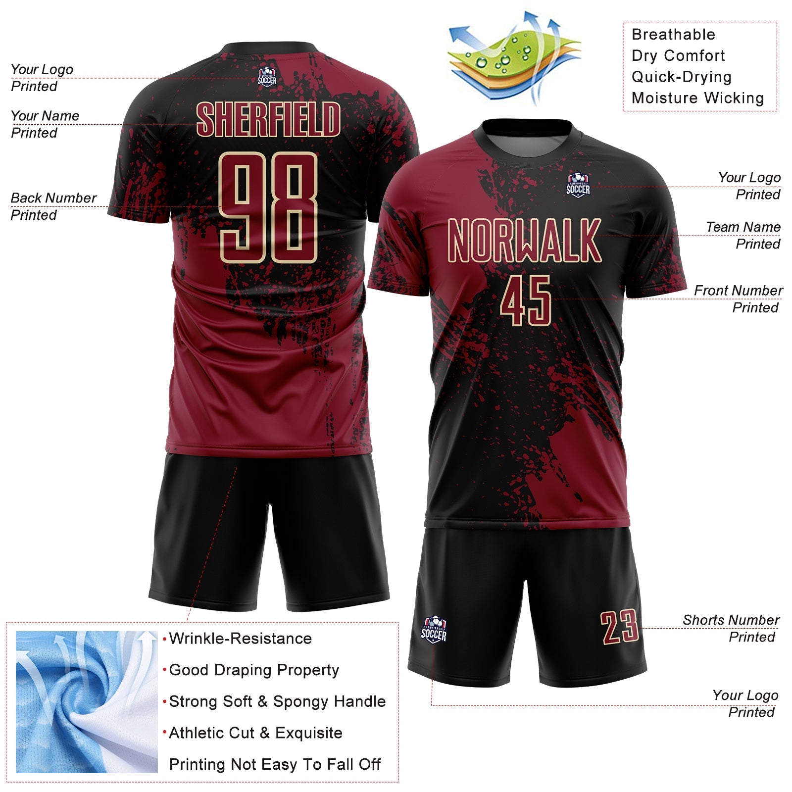 Custom Black Crimson-Cream Abstract Brush Stroke Sports Sublimation Soccer Uniform Jersey view 4