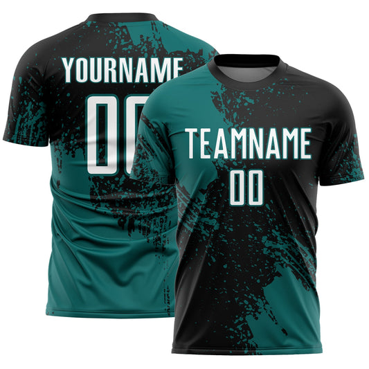 Custom Black White-Teal Abstract Brush Stroke Sports Sublimation Soccer Uniform Jersey - Main View