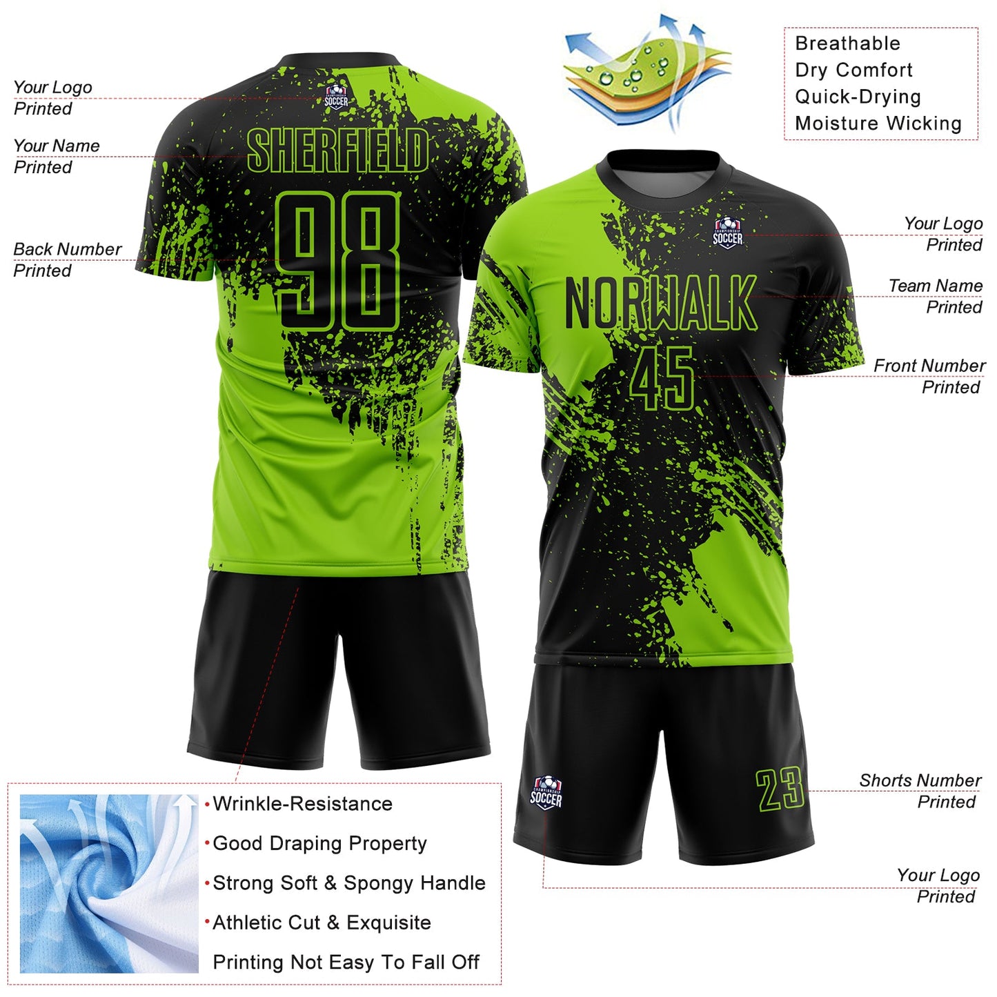 Custom Black Neon Green Abstract Brush Stroke Sports Sublimation Soccer Uniform Jersey view 4