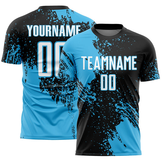 Custom Black White-Sky Blue Abstract Brush Stroke Sports Sublimation Soccer Uniform Jersey - Main View
