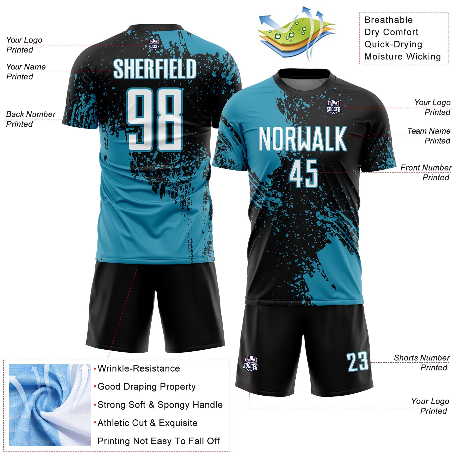 Custom Black White-Panther Blue Abstract Brush Stroke Sports Sublimation Soccer Uniform Jersey view 4