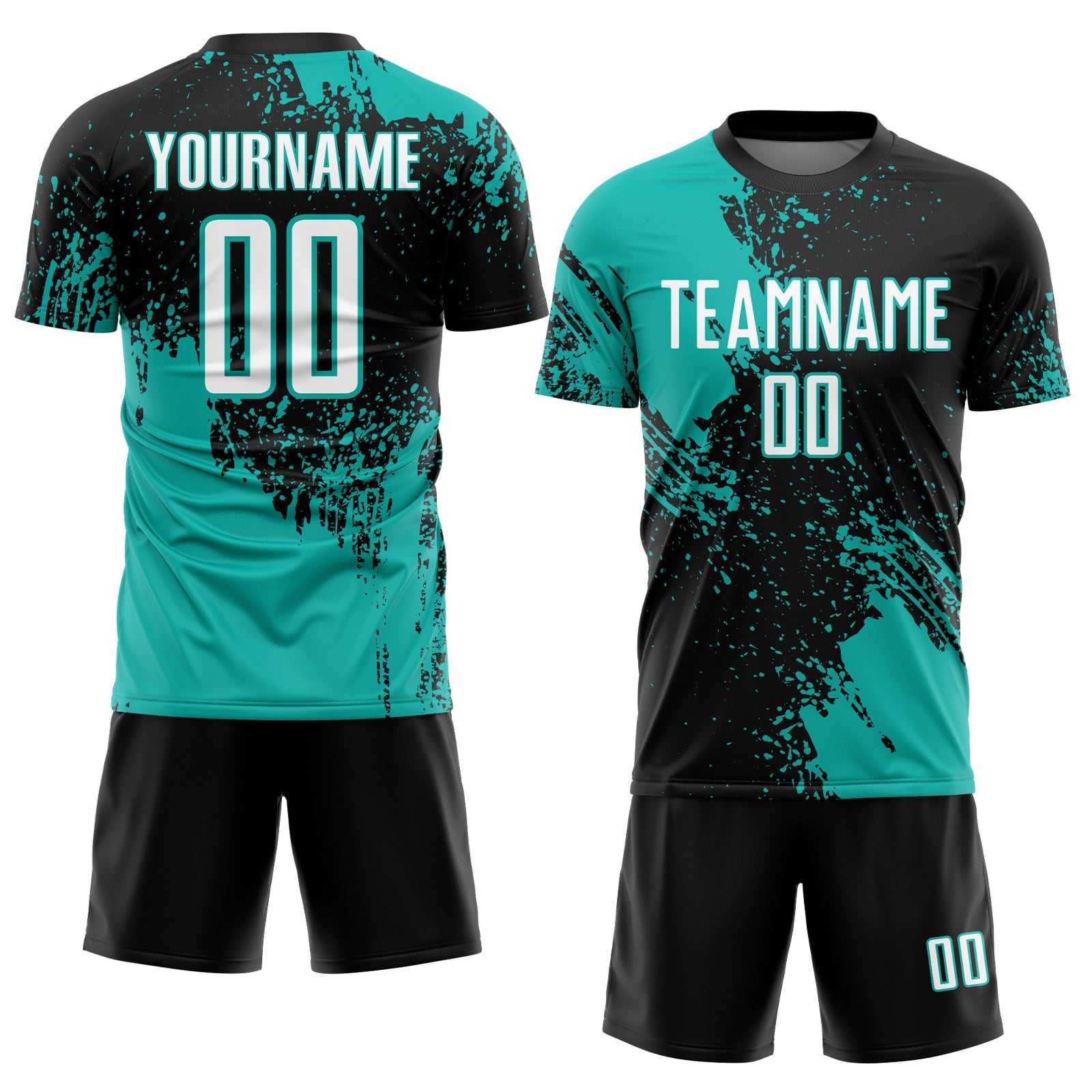 Custom Black White-Aqua Abstract Brush Stroke Sports Sublimation Soccer Uniform Jersey view 2