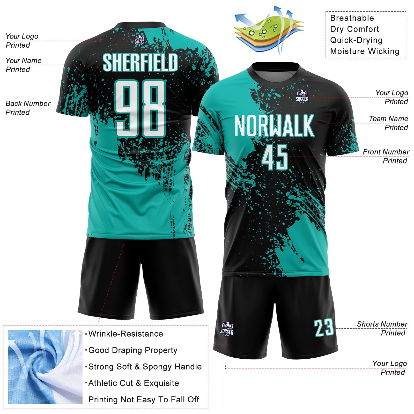 Custom Black White-Aqua Abstract Brush Stroke Sports Sublimation Soccer Uniform Jersey view 4