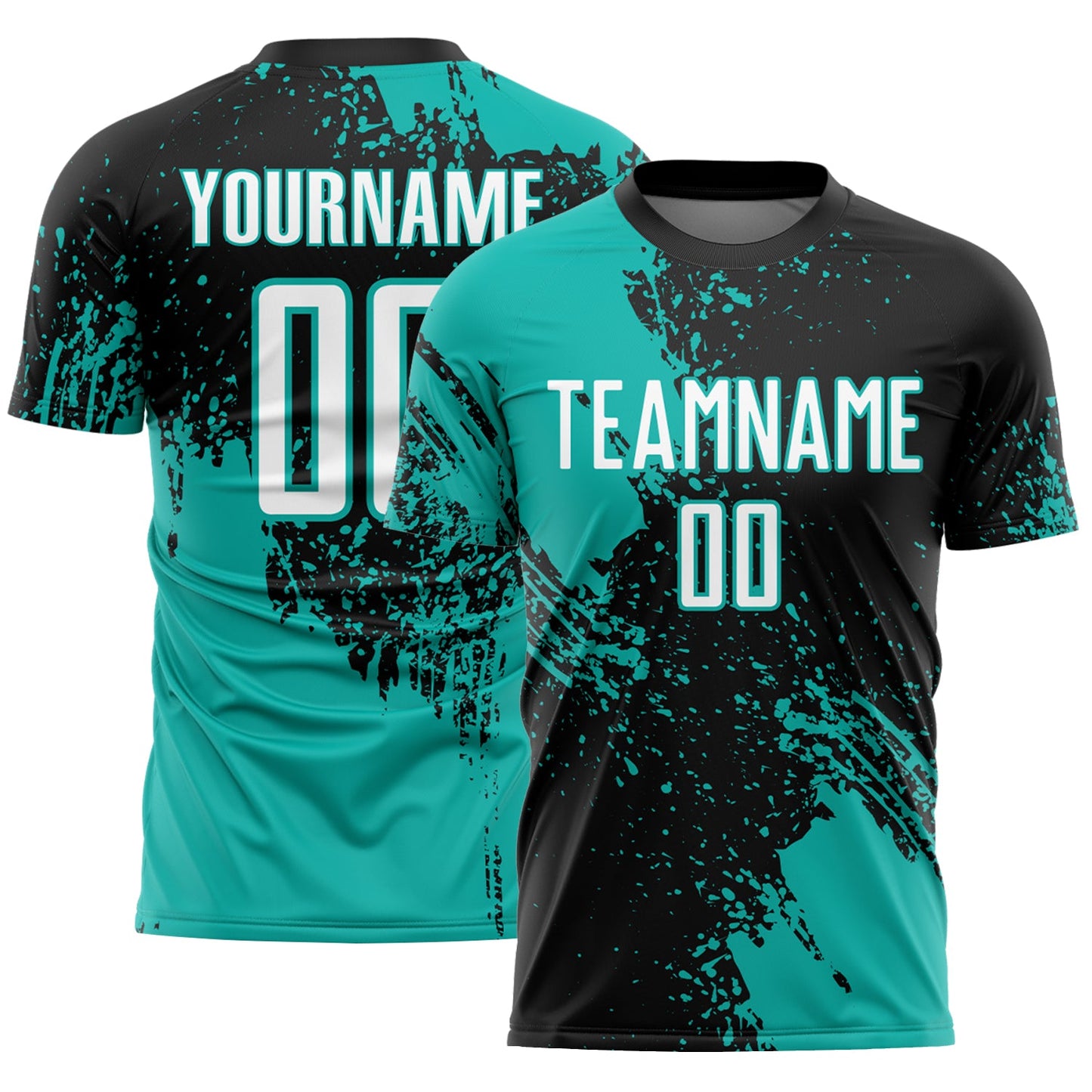 Custom Black White-Aqua Abstract Brush Stroke Sports Sublimation Soccer Uniform Jersey - Main View